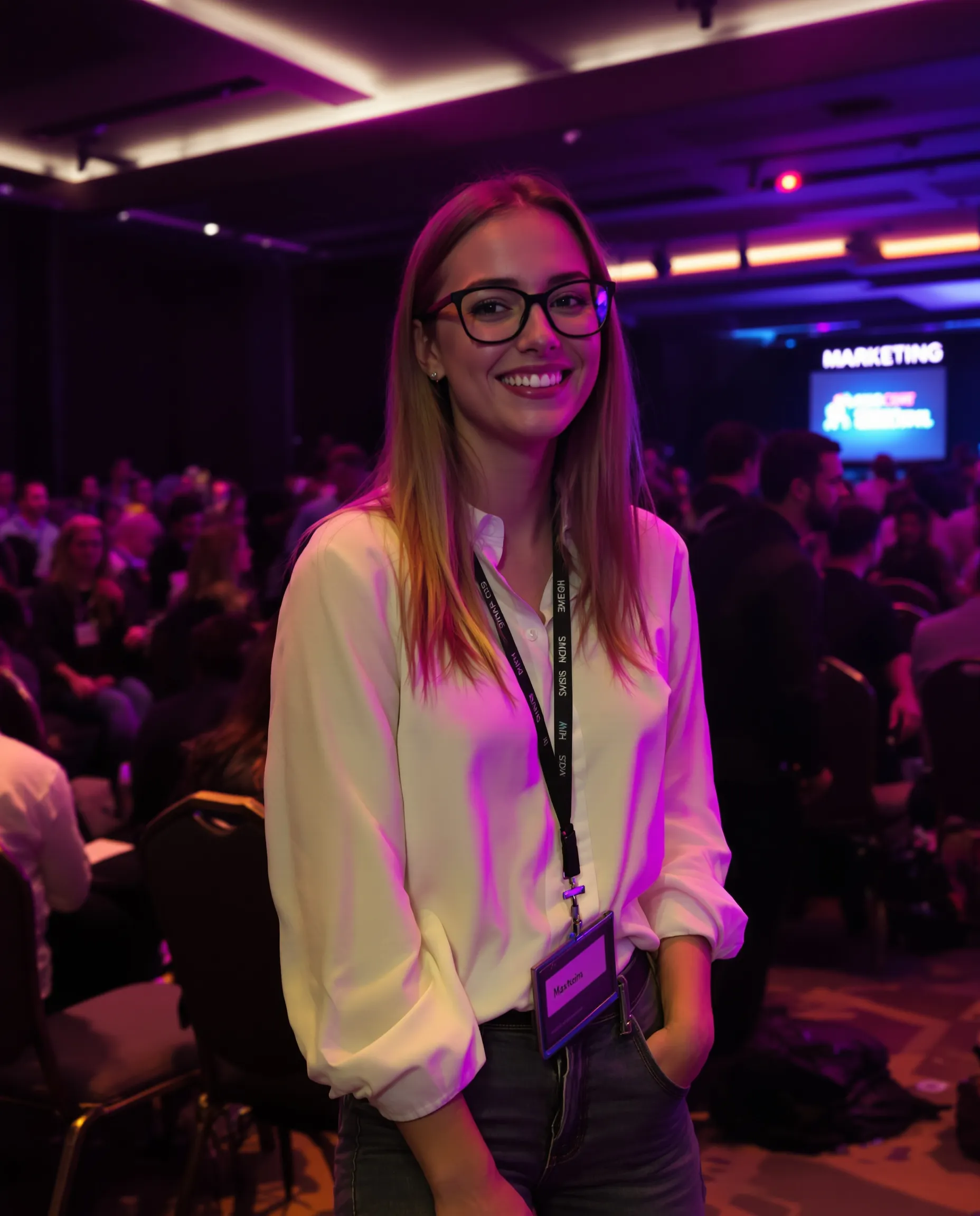 woman in glasses at a conference